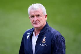 BRADFORD, ENGLAND - AUGUST 23: Mark Hughes, Manager of Bradford City looks on prior to the Carabao Cup Second Round match between Bradford City and Blackburn Rovers at University of Bradford Stadium on August 23, 2022 in Bradford, England. (Photo by George Wood/Getty Images)