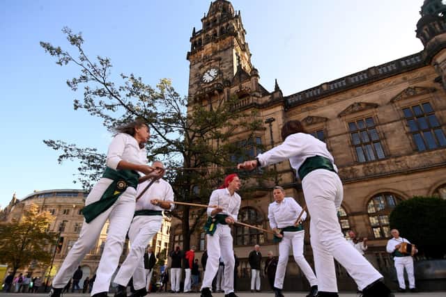 The Wath Upon Dearne Morris Group are pictured performing outside Sheffield Town Hall. Picture taken by Yorkshire Post Photographer Simon Hulme 14th October 2023