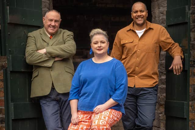 The Great Pottery Throwdown. Pictured: Keith Brymer Jones, Siobhan McSweeney and Rich Miller. Credit: ©Channel 4.