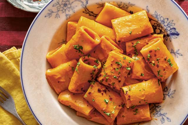 Roasted carrot pasta from Stress-Free Dinners by Richard Makin. Picture credit: Richard Makin/PA