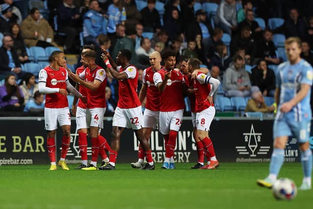 COVENTRY, ENGLAND - OCTOBER 25: Cohen Bramall of Rotherham United is congratulated after scoring the first goal during the Sky Bet Championship between Coventry City and Rotherham United at The Coventry Building Society Arena on October 25, 2022 in Coventry, England. (Photo by Catherine Ivill/Getty Images)
