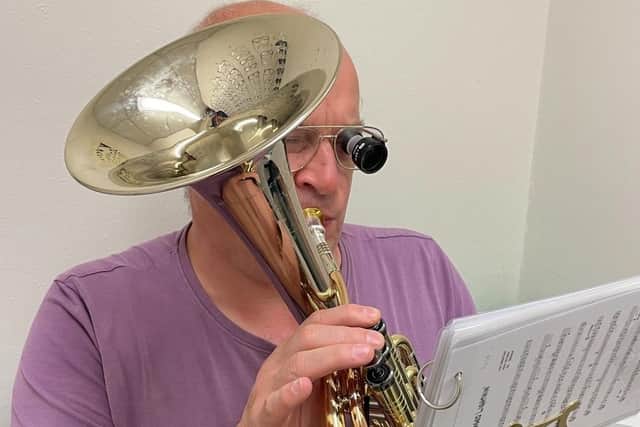 Oliver Wiggins plays tenor horn in Horbury Victoria Band. Photo: Leeds Teaching Hospitals.