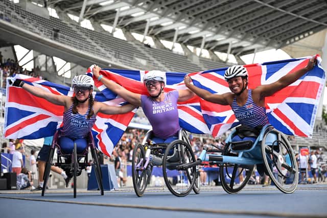 British lockout: L-R: Fabienne Andre of Great Britain, Hannah Cockroft of Great Britain and Kare Adenegan of Great Britain celebrates after the Women's 100m T34 Final during day six of the Para Athletics World Championships Paris 2023 (Picture: Matthias Hangst/Getty Images)