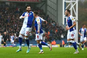 Blackburn Rovers' Ben Brereton (left) celebrates scoring his side's first goal of the game during the Sky Bet Championship match at Ewood Park, Blackburn. Picture: Tim Markland/PA Wire.