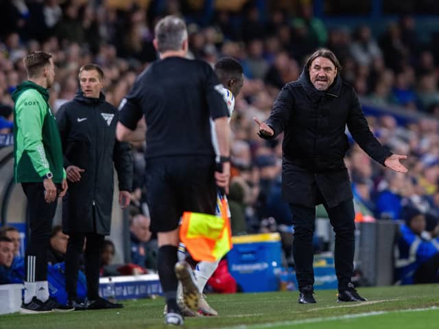 Leeds United's Daniel Farke appeals to linesman during the frustrating Championship draw with Sunderland. Picture: Bruce Rollinson
