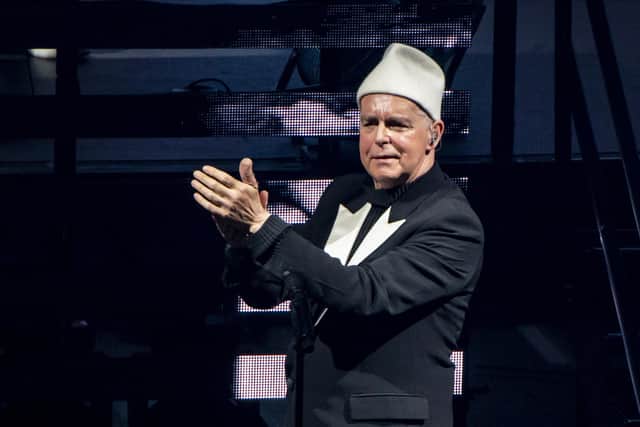 Neil Tennant of the Pet Shop Boys, onstage at the First Direct Arena, Leeds. Picture: Ernesto Rogata