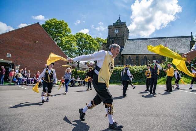 Harthill Morris Dancers entertain at Mosborough's Community Coronation Celebrations  at the Joseph Stone Community Centre photographed for The Yorkshire Post by Tony Johnson.  7th May 2023