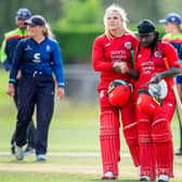 Picture by Allan McKenzie/SWpix.com - 11/07/2023 - Cricket - The Rachael Heyhoe Flint Trophy - Northern Diamonds v Thunder - York Cricket Club, York, England - Thunder's Ellie Threlkeld shakes hands with Deandra Dottin after their victory over the Diamonds.