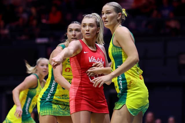 Helen Housby of England Vitality Roses is marked by Courtney Bruce of Australia Origin Diamonds during the Vitality Netball Nations Cup match between England Vitality Roses and Australia Origin Diamonds at OVO Arena Wembley on January 21 (Picture: Charlie Crowhurst/Getty Images for England Netball)