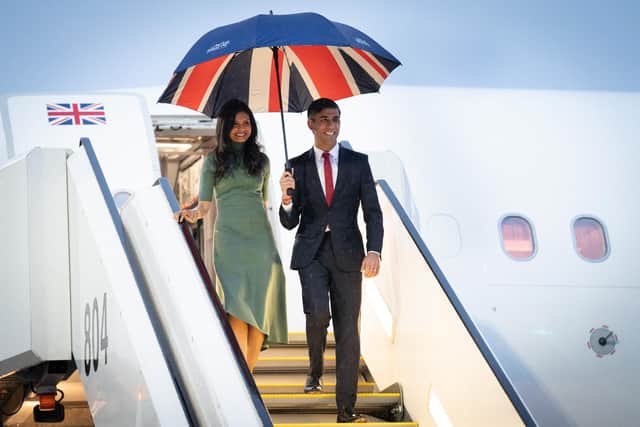 Prime Minister Rishi Sunak and his wife Akshata Murty arriving by plane in Hiroshima after their visit to Tokyo,  ahead of the G7 Summit in Japan. Picture: Stefan Rousseau