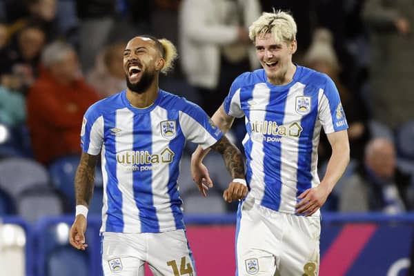 Huddersfield Town's Sorba Thomas and Jack Rudoni celebrate their side's winner, scored by Matty Pearson (not pictured) during the Sky Bet Championship match against Sunderland at the John Smith's Stadium. Picture: Richard Sellers/PA Wire.
