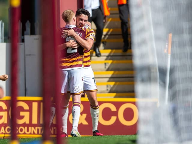 Alex Gilliead celebrates his equaliser for Bradford City with Brad Halliday. Picture: Bruce Rollinson