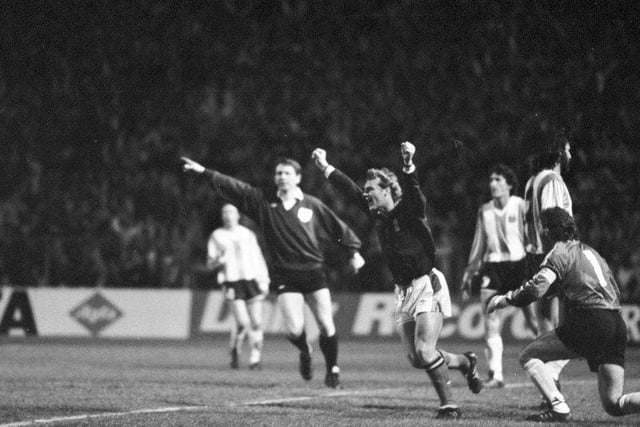 Scotland's Robert Fleck celebrates a goal during a Scotland v Argentina friendly football match at Hampden in March 1990.
