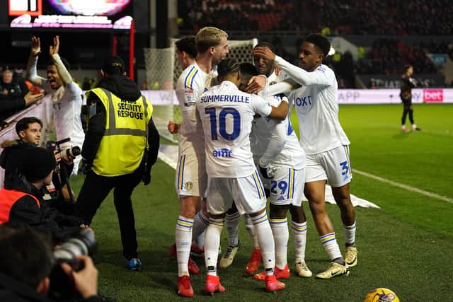 Leeds United's Wilfried Gnonto is congratulated by team-mates after his goal at Bristol City (Picture: Bradley Collyer/PA)