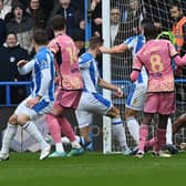 Huddersfield Town's Michal Helik converts from close range to put the hosts in front against Leeds United. Picture: Jonathan Gawthorpe.