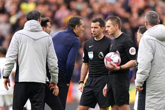 REF RAGE: Wolverhampton Wanderers coach Julen Lopetegui confronts referee Michael Salisbury after the final whistle