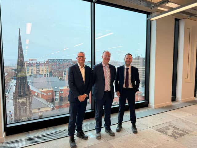 Law firm DLA Piper has signed up to take the top two floors of Elshaw House, Sheffield. Left to right: Sean McClean (director of regeneration and development, Sheffield CityCouncil); Richard Norman (office managing partner, DLA Piper); Cllr Ben Miskell (Chair of the Transport, Regeneration and Climate Policy Committee, Sheffield City Council)