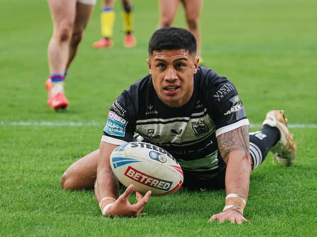 Reasons for hope: Fa’amanu Brown scores a try in Hull FC's sole victory of the season to date against London Broncos. A second one against Hull KR today would be nicely timed. (Picture: Alex Whitehead/SWPix.com)