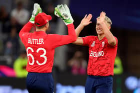 Sam Curran of England celebrates his fifth wicket during the ICC Men's T20 World Cup match between England and Afghanistan at Perth Stadium. Photo by James Worsfold/Getty Images.