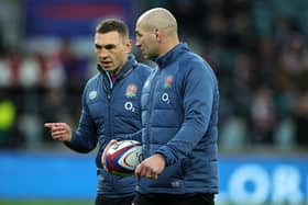 Steve Borthwick, (R) the England head coach looks on with Kevin Sinfield, the England defence coach in the warm up during the Six Nations Rugby match between England and Scotland at Twickenham. (Picture: David Rogers/Getty Images)
