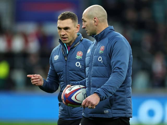 Steve Borthwick, (R) the England head coach looks on with Kevin Sinfield, the England defence coach in the warm up during the Six Nations Rugby match between England and Scotland at Twickenham. (Picture: David Rogers/Getty Images)