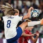 England's midfielder Georgia Stanway (L) and Denmark's midfielder Karen Holmgaard fight for the ball during the Australia and New Zealand 2023 Women's World Cup Group D match (Picture: DAVID GRAY/AFP via Getty Images)