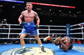 Knockout blow: Dalton Smith knocks down Subriel Matias in the fifth round of their WBC super lightweight championship bout in Brooklyn in January (Picture: Ed Mulholland/Getty Images)