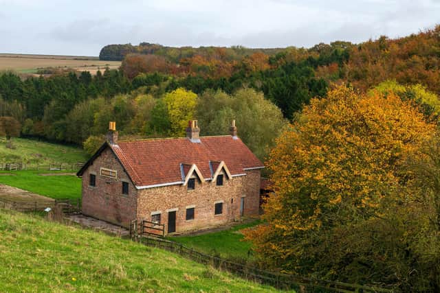A reconstructed house in the deserted medievel village of Wharram Percy in the Yorkshire Wolds..
24 October 2022.  Picture Bruce Rollinson