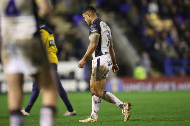Nu Brown leaves the pitch after being show a red card against Warrington. (Photo: Ed Sykes/SWpix.com)
