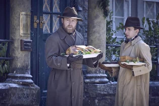 Samuel West as Siegfried Farnon and James Anthony-Rose as Richard Carmody in the Christmas episode of All Creatures Great and Small. Credit: Channel 5.