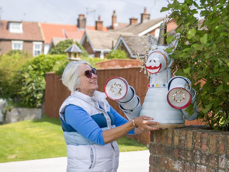 Julie Sanders with a unicorn ready for the fifth Flamborough Flowerpot Festival