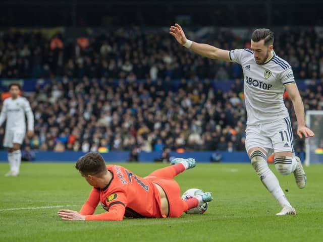 FALL GUY: Leeds United's Jack Harrison was initially said to have scored an own goal for Brighton and Hove Albion but it has now been attributed to Solly March (pictured)