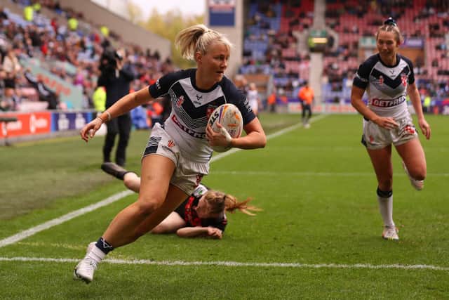 Tara-Jane Stanley goes over for her third try. (Photo by Charlotte Tattersall/Getty Images for RLWC)