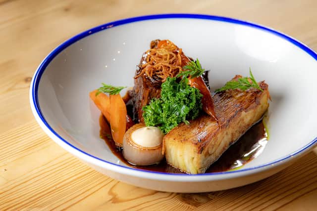 Forge Valley Roasters - The Kitchen at Wykeham near Scarborough. Braised beef short rib, potato terrine, glazed carrot and kale. Photograph by Tony Johnson.