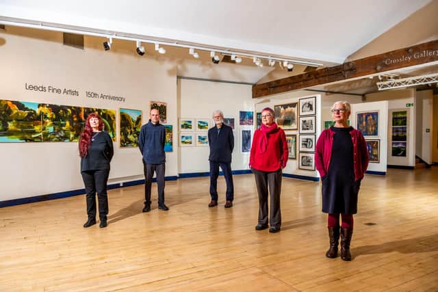 Leeds Fine Artists' exhibition at Dean Clough Gallery, Halifax, celebrating their 150th anniversary. Pictured Artists Sharron Astbury-Petit, Mark Butler, Roger Gardner, Catherine Morris, and Ann McCall. Picture By Yorkshire Post Photographer,  James Hardisty.