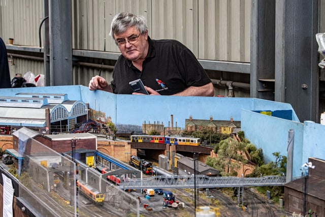 Colin Batchelor with the fictional Penna Lane layout at the Model Railway Show held at Leeming Bar Station on the Wensleydale Railway, photographed by Tony Johnson for The Yorkshire Post. 5th May 2024