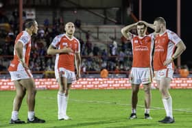 Hull KR appear dejected after the golden-point loss to Wigan. (Photo: Allan McKenzie/SWpix.com)