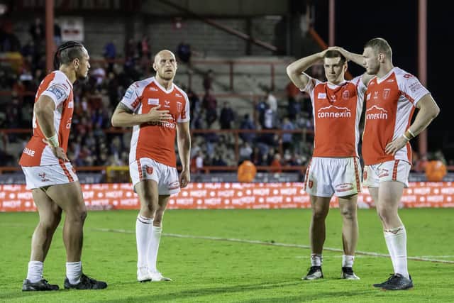 Hull KR appear dejected after the golden-point loss to Wigan. (Photo: Allan McKenzie/SWpix.com)