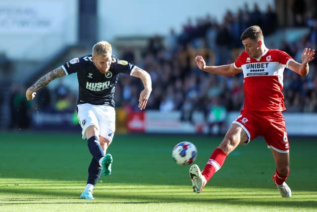 Millwall's Andreas Voglsammer takes a shot at goal during the Sky Bet Championship match at The Den, London. Picture: Rhianna Chadwick/PA Wire.