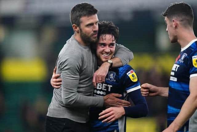 Middlesbrough manager Michael Carrick with Hayden Hackney following the Sky Bet Championship match at Carrow Road, Norwich. Picture: Mike Egerton/PA Wire.