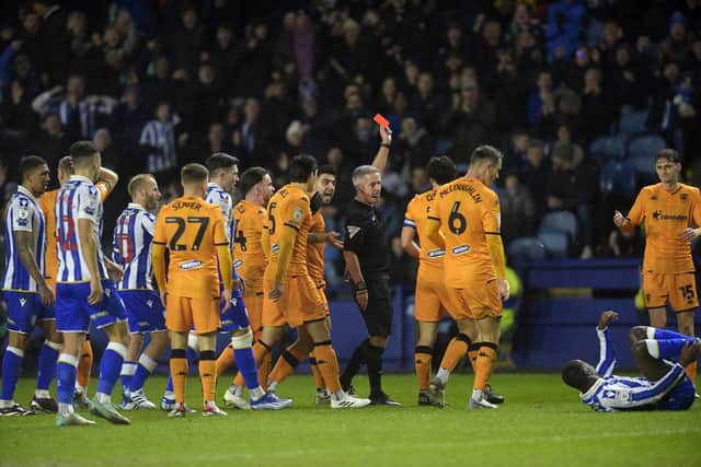 Hull City midfielder Tyler Morton is controversially dismissed in the fixture at Sheffield Wednesday. Picture: Steve Ellis.