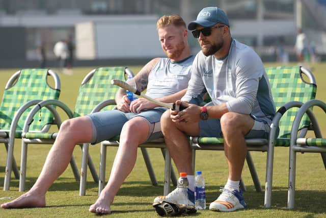 The brains trust: Captain Ben Stokes, left, and head coach Brendon McCullum ran the rule over the England squad as they prepared for the first Test in Rawalpindi. Photo by Matthew Lewis/Getty Images.