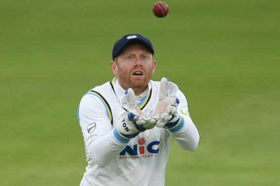 CHESTER-LE-STREET, ENGLAND - MAY 12: Yorkshire wicketkeeper Jonathan Bairstow in action during day 2 of the LV= Insurance County Championship Division 2 match between Durham and Yorkshire at Seat Unique Riverside on May 12, 2023 in Chester-le-Street, England. (Photo by Stu Forster/Getty Images)