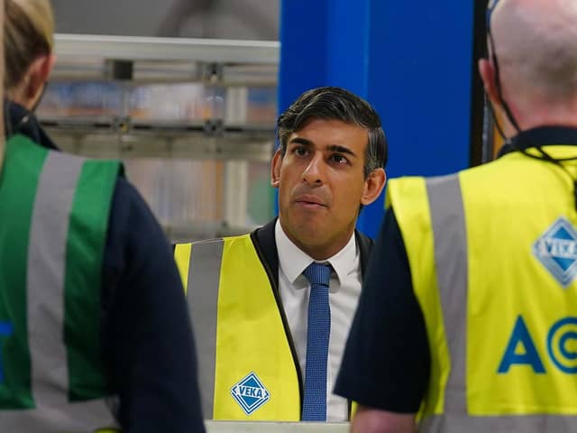 Prime Minister Rishi Sunak speaking to staff during a visit to VEKA PLC in Burnley, Lancashire. PIC: Peter Byrne/PA Wire