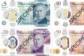 New bank notes featuring a portrait of King Charles III which will be issued for the first time on June 5, 2024.