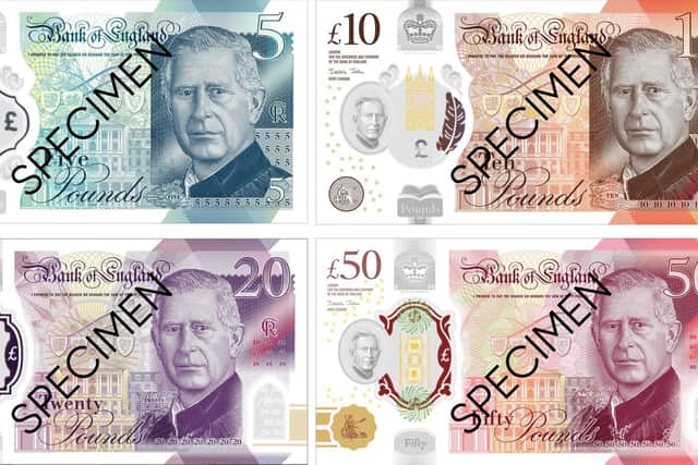 New bank notes featuring a portrait of King Charles III which will be issued for the first time on June 5, 2024.
