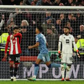 DESPONDENT: Jayden Bogle, Mason Holgate and Wes Foderingham react as Alex Moreno wheels away after scoring Aston Villa's fifth