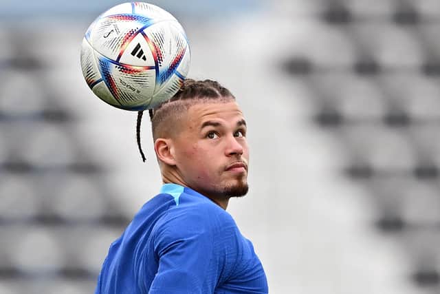 England's midfielder Kalvin Phillips takes part in a training session at the Al Wakrah SC Stadium in Al Wakrah, south of Doha, on December 7, 2022, during the Qatar 2022 World Cup football tournament. - England and France will meet in one of the Qatar 2022 World Cup quarter-finals on December 10. (Photo by PAUL ELLIS/AFP via Getty Images)