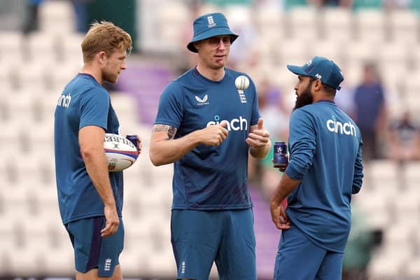 LEADING MAN: Former England captain Andrew Flintoff chats with David Willey and Adil Rashid ahead of an ODI against New Zealand in September. He is head coach of the Northern Superchargers this year. Picture: John Walton/PA