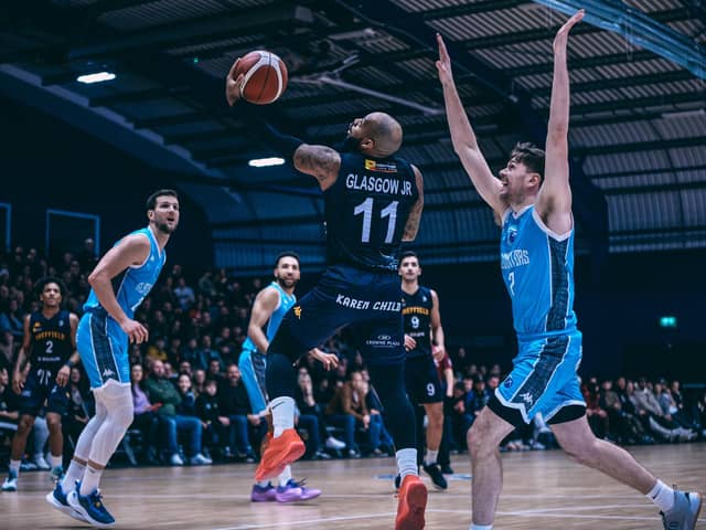 Sheffield Sharks does a reverse lay-up in the BBL Trophy game against Caledonia Gladiators (Picture: Adam Bates)